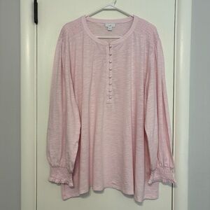 J. Jill Women's Plus Smocked Cotton Popover Henley Tunic Shirt Top 4X Pink